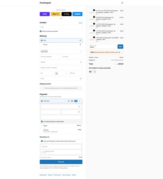 Plumbingsell checkout page showing Plumbingsell discount code box | Screenshot taken by SimplyCodes community member on Sep 21, 2025
