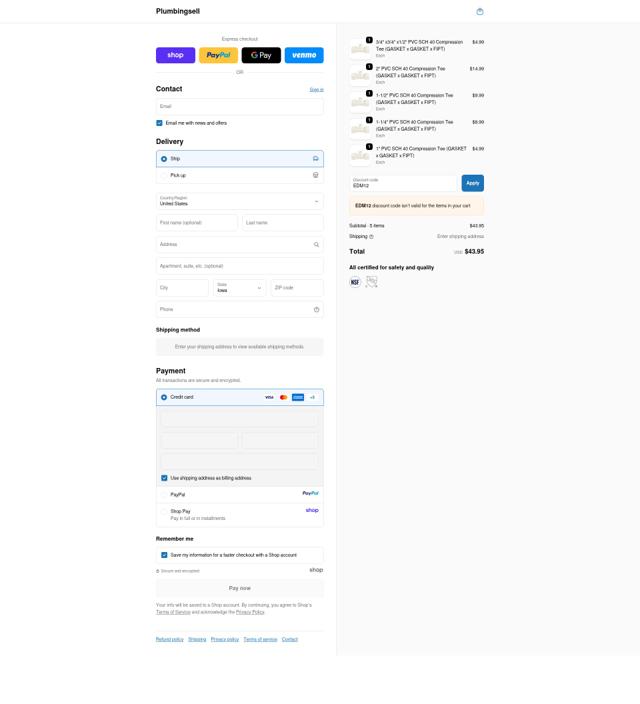 Plumbingsell checkout page showing Plumbingsell discount code box | Screenshot taken by SimplyCodes community member on Sep 21, 2025