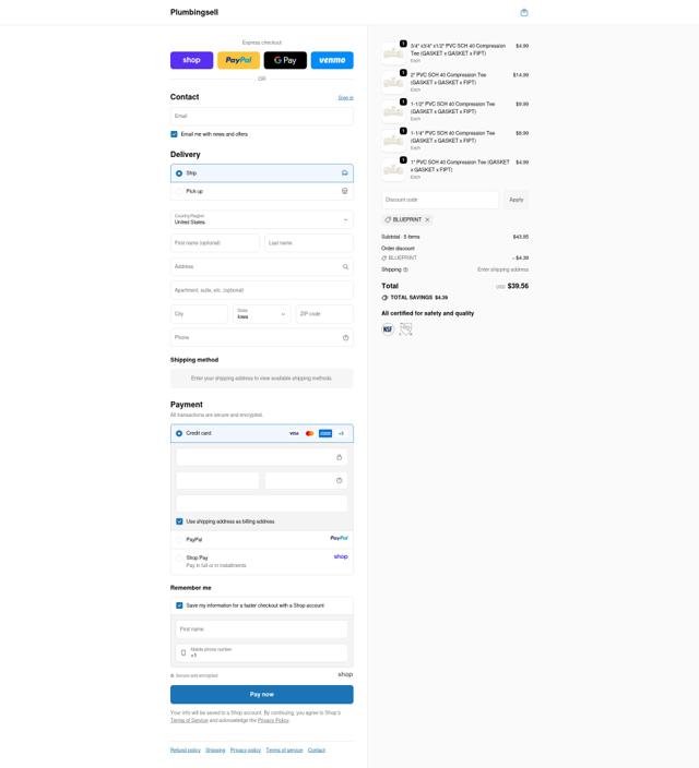Plumbingsell checkout page showing Plumbingsell discount code box | Screenshot taken by SimplyCodes community member on Sep 21, 2025