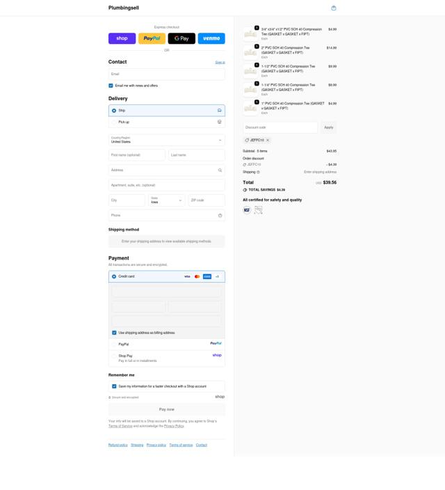Plumbingsell checkout page showing Plumbingsell discount code box | Screenshot taken by SimplyCodes community member on Sep 21, 2025