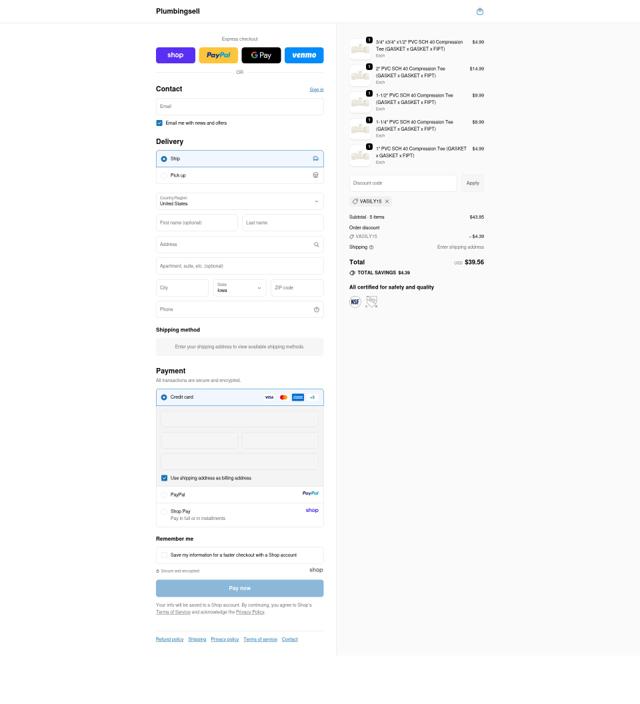 Plumbingsell checkout page showing Plumbingsell discount code box | Screenshot taken by SimplyCodes community member on Sep 21, 2025