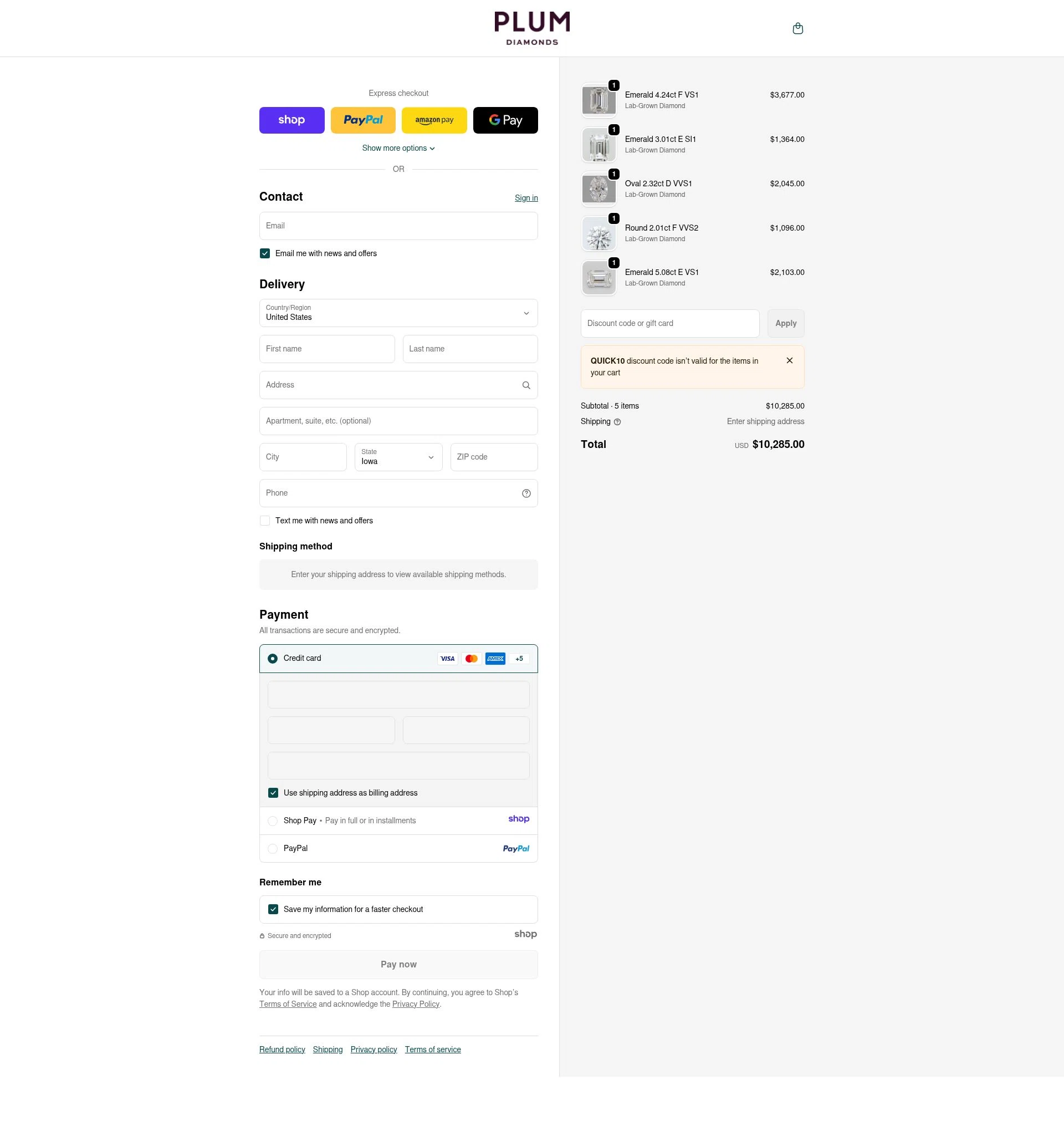 Plum Diamonds checkout page showing Plum Diamonds discount code box | Screenshot taken by SimplyCodes community member on Dec 31, 2025