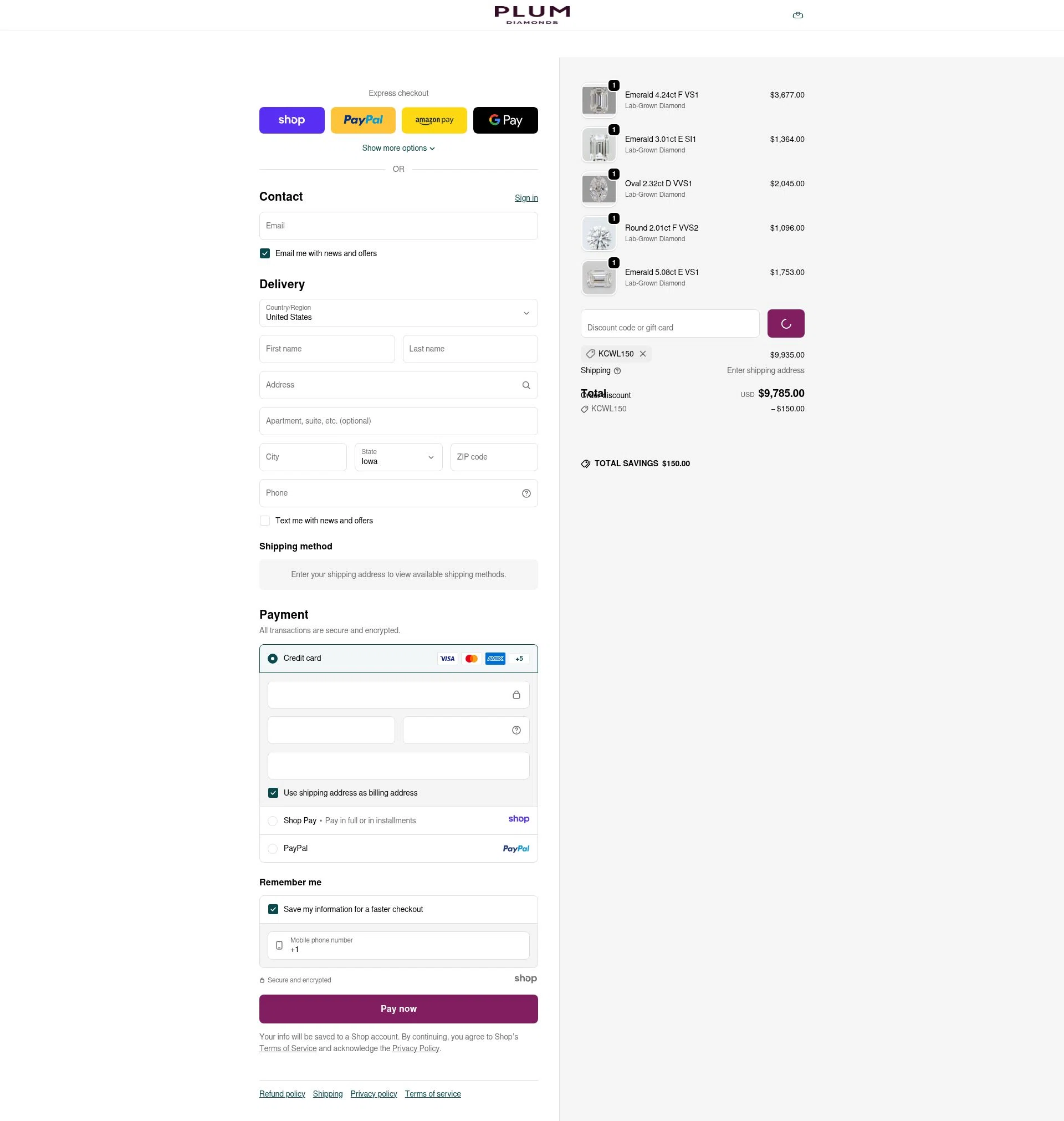 Plum Diamonds checkout page showing Plum Diamonds discount code box | Screenshot taken by SimplyCodes community member on Dec 26, 2025