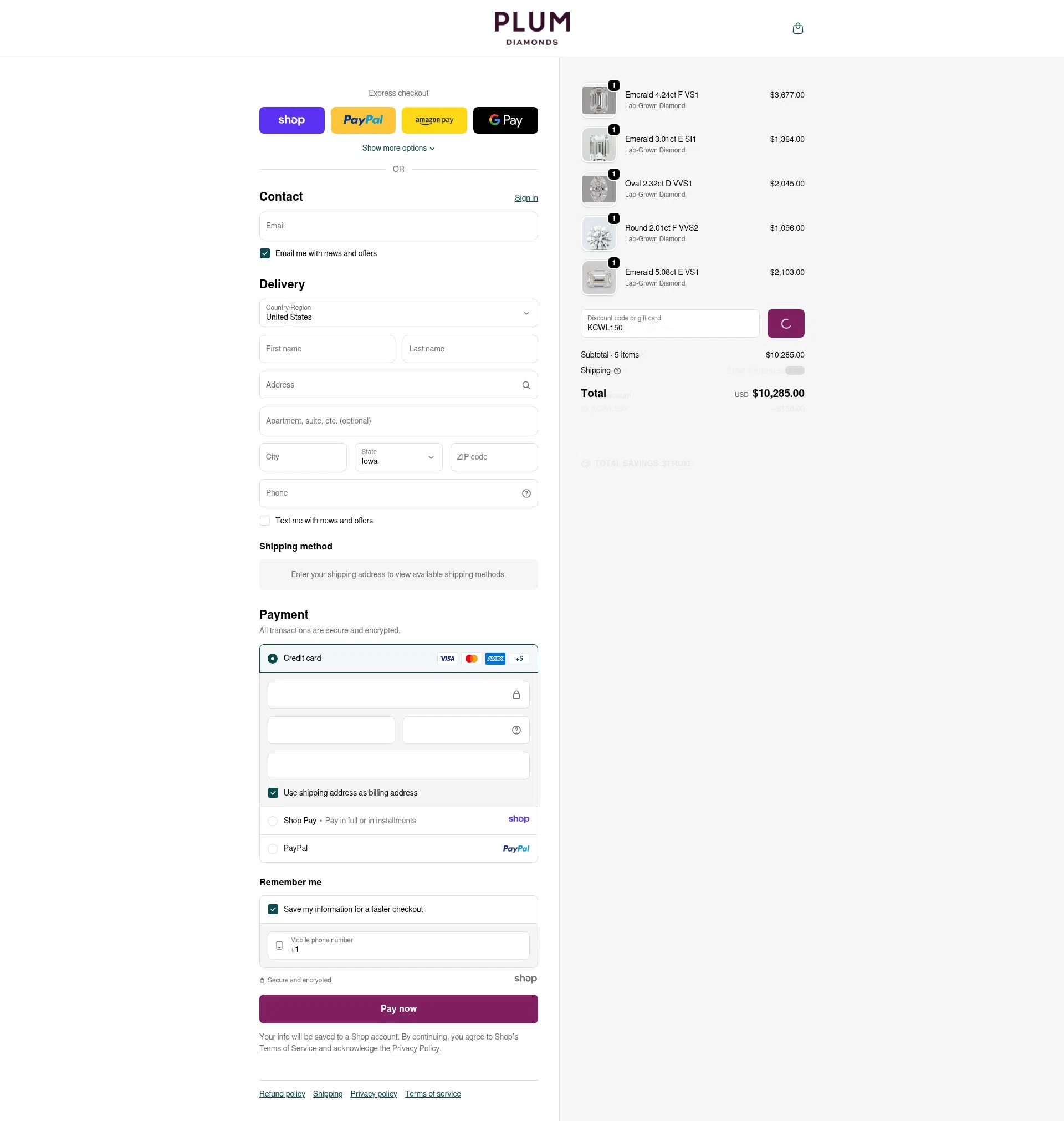 Plum Diamonds checkout page showing Plum Diamonds discount code box | Screenshot taken by SimplyCodes community member on Dec 31, 2025