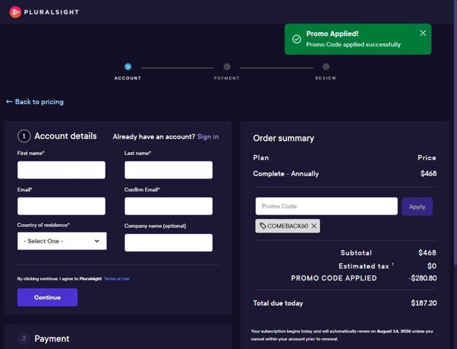 Pluralsight checkout page showing Pluralsight promo code box | Screenshot taken by SimplyCodes community member on Aug 14, 2025