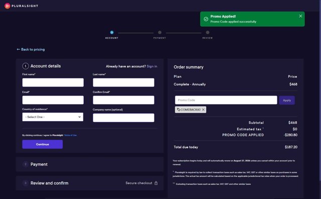Pluralsight checkout page showing Pluralsight promo code box | Screenshot taken by SimplyCodes community member on Aug 27, 2025