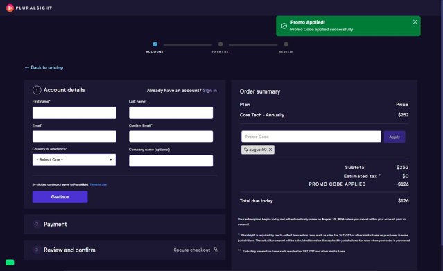 Pluralsight checkout page showing Pluralsight promo code box | Screenshot taken by SimplyCodes community member on Aug 15, 2025