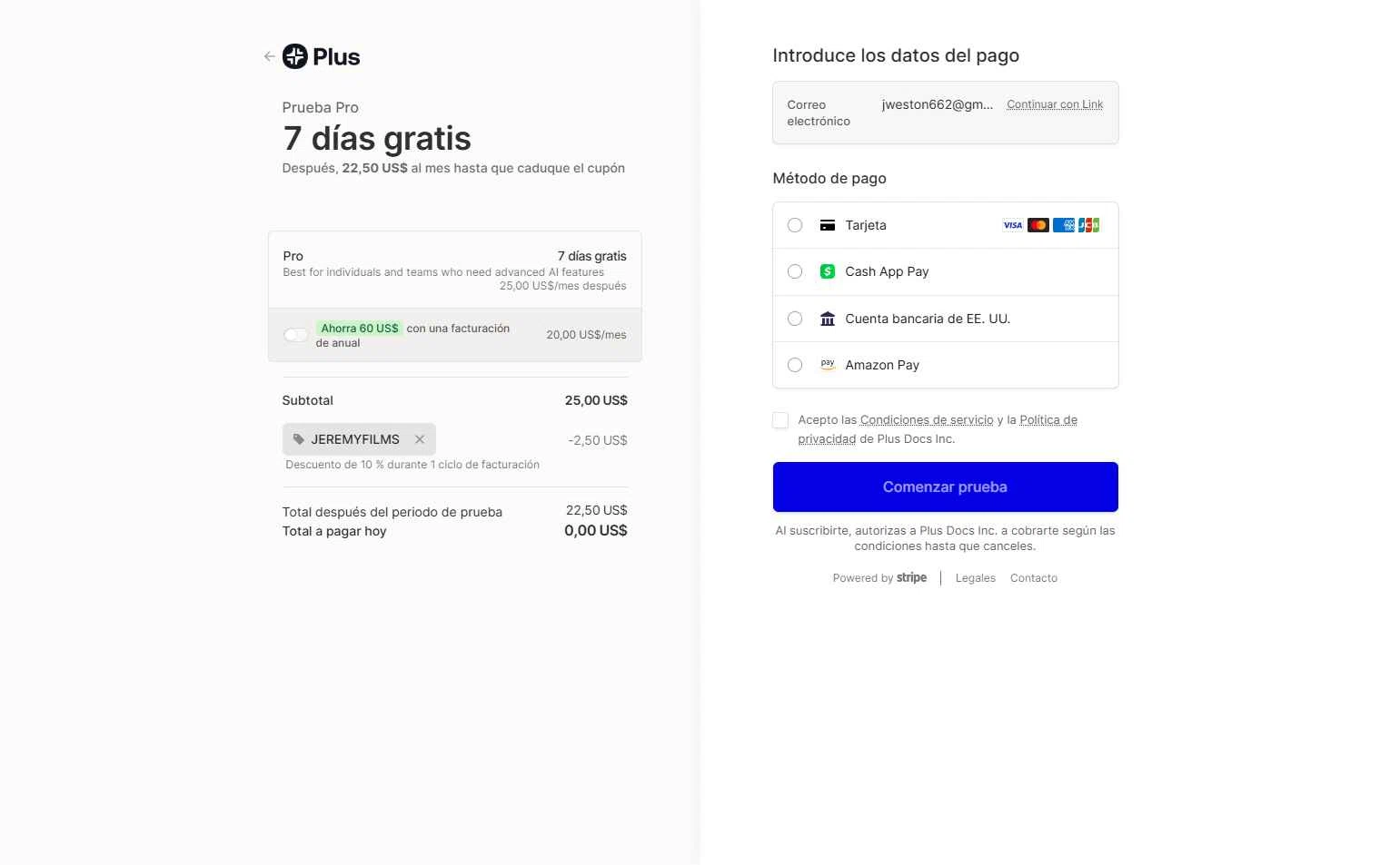 Plus AI US checkout page showing Plus AI US promo code box | Screenshot taken by SimplyCodes community member on Jan 9, 2026