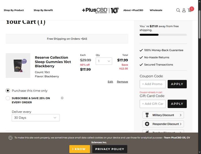 Plus CBD Oil checkout page showing Plus CBD Oil coupon code box | Screenshot taken by SimplyCodes community member on Aug 17, 2025