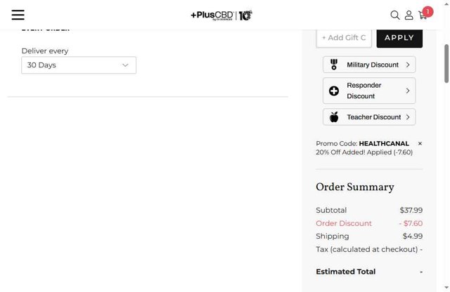 Plus CBD Oil checkout page showing Plus CBD Oil coupon code box | Screenshot taken by SimplyCodes community member on Aug 25, 2025