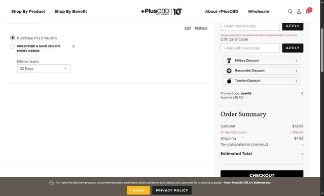 Plus CBD Oil checkout page showing Plus CBD Oil coupon code box | Screenshot taken by SimplyCodes community member on Aug 7, 2025