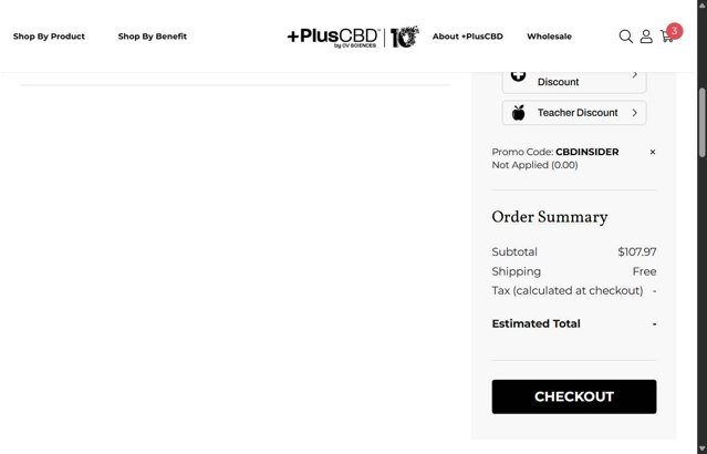 Plus CBD Oil checkout page showing Plus CBD Oil coupon code box | Screenshot taken by SimplyCodes community member on Aug 25, 2025
