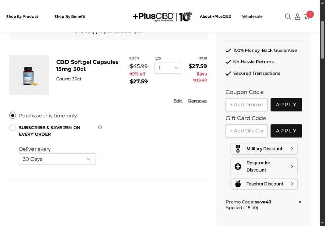 Plus CBD Oil checkout page showing Plus CBD Oil coupon code box | Screenshot taken by SimplyCodes community member on Sep 5, 2025