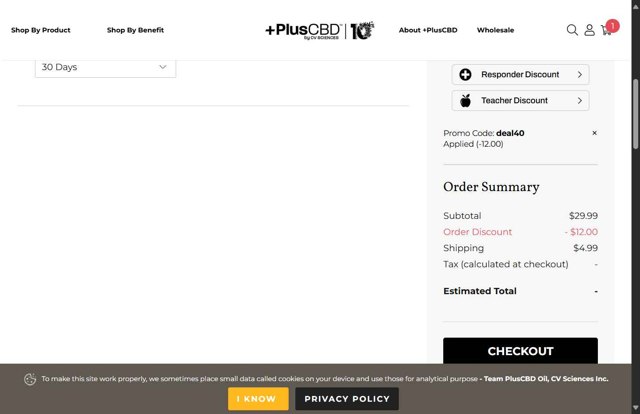 Plus CBD Oil checkout page showing Plus CBD Oil coupon code box | Screenshot taken by SimplyCodes community member on Sep 5, 2025