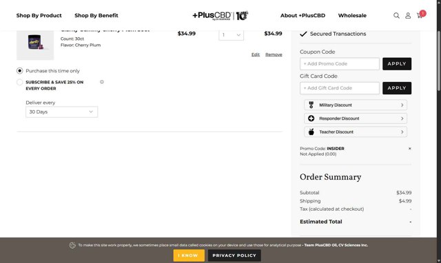 Plus CBD Oil checkout page showing Plus CBD Oil coupon code box | Screenshot taken by SimplyCodes community member on Aug 22, 2025