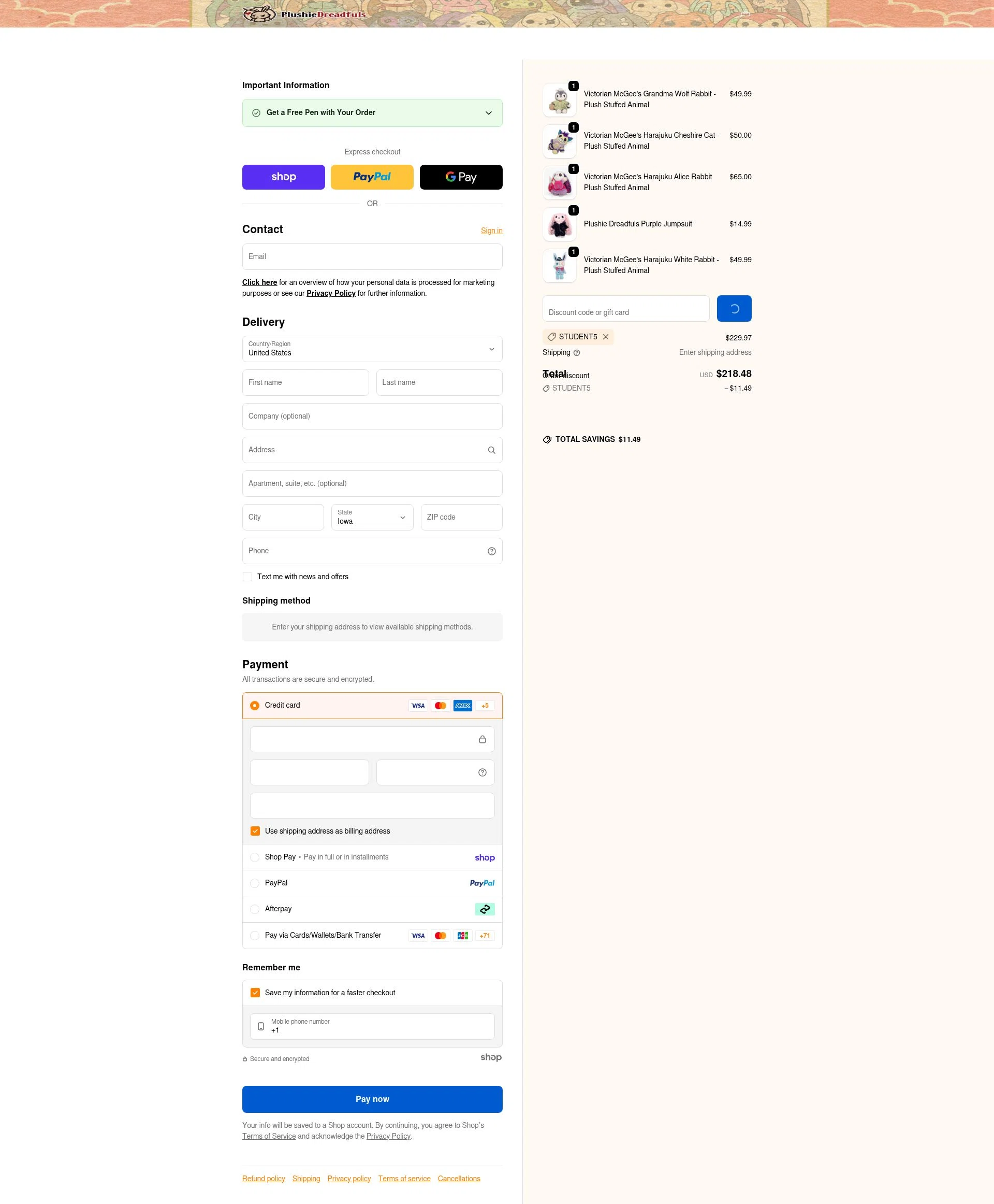 Plushie Dreadfuls Official checkout page showing Plushie Dreadfuls Official promo code box | Screenshot taken by SimplyCodes community member on Jan 25, 2026