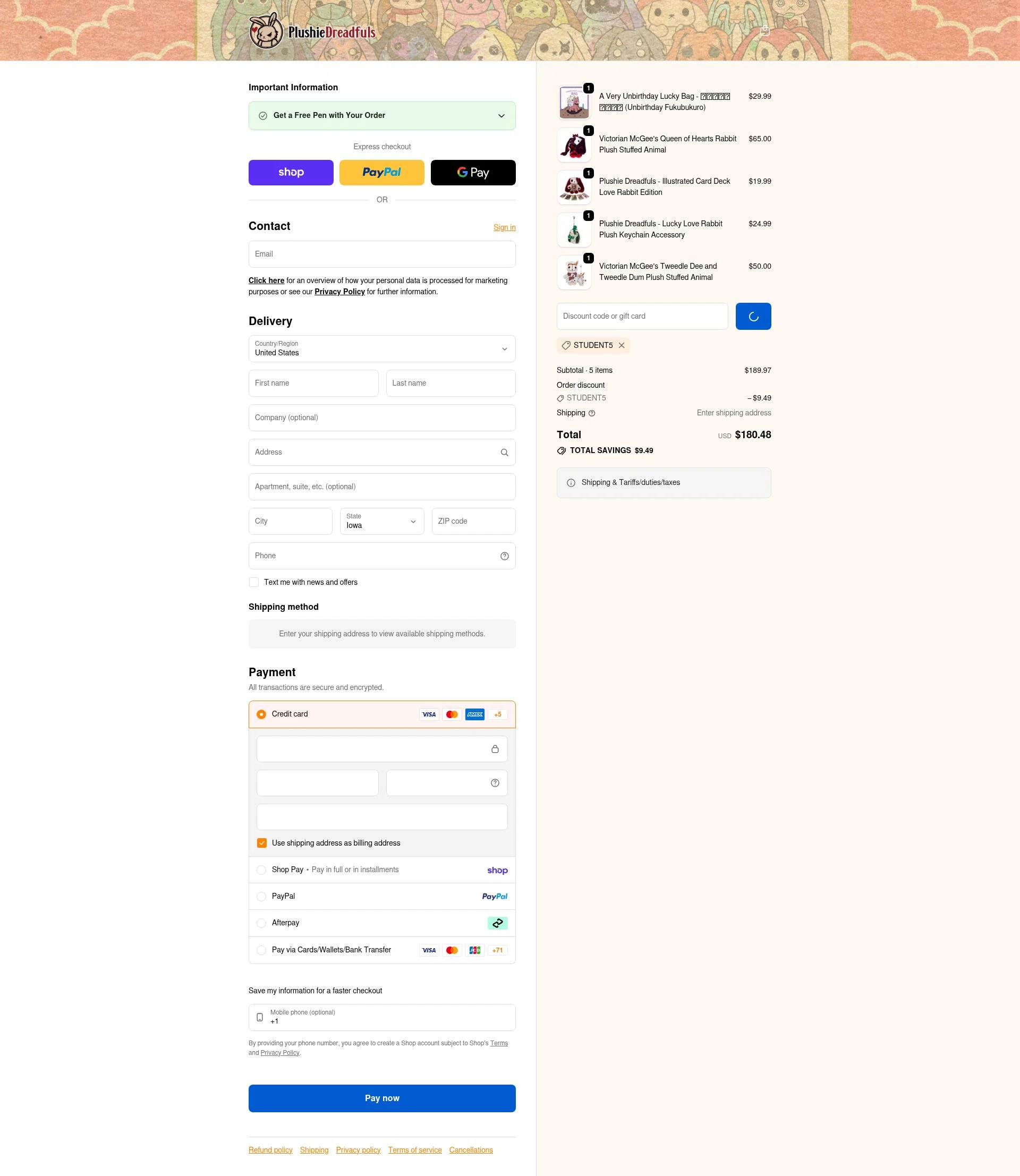 Plushie Dreadfuls Official checkout page showing Plushie Dreadfuls Official promo code box | Screenshot taken by SimplyCodes community member on Feb 7, 2026