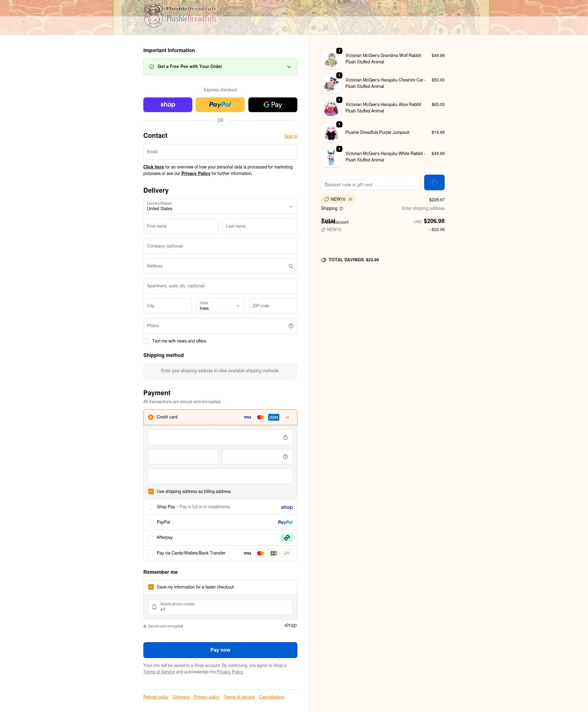 Plushie Dreadfuls Official checkout page showing Plushie Dreadfuls Official promo code box | Screenshot taken by SimplyCodes community member on Jan 30, 2026