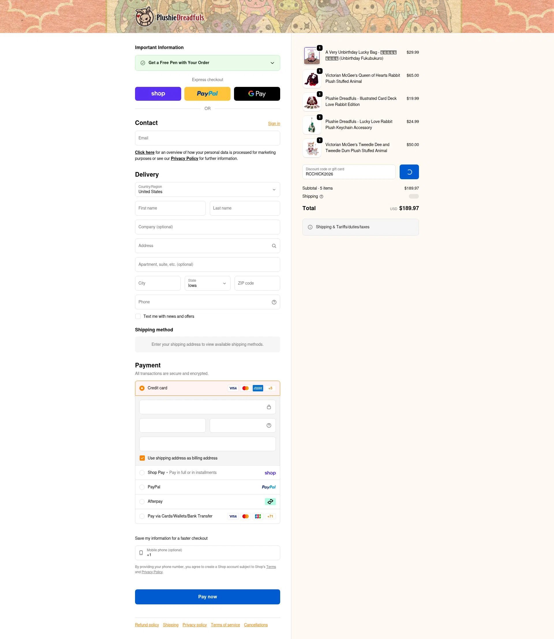 Plushie Dreadfuls Official checkout page showing Plushie Dreadfuls Official promo code box | Screenshot taken by SimplyCodes community member on Feb 7, 2026