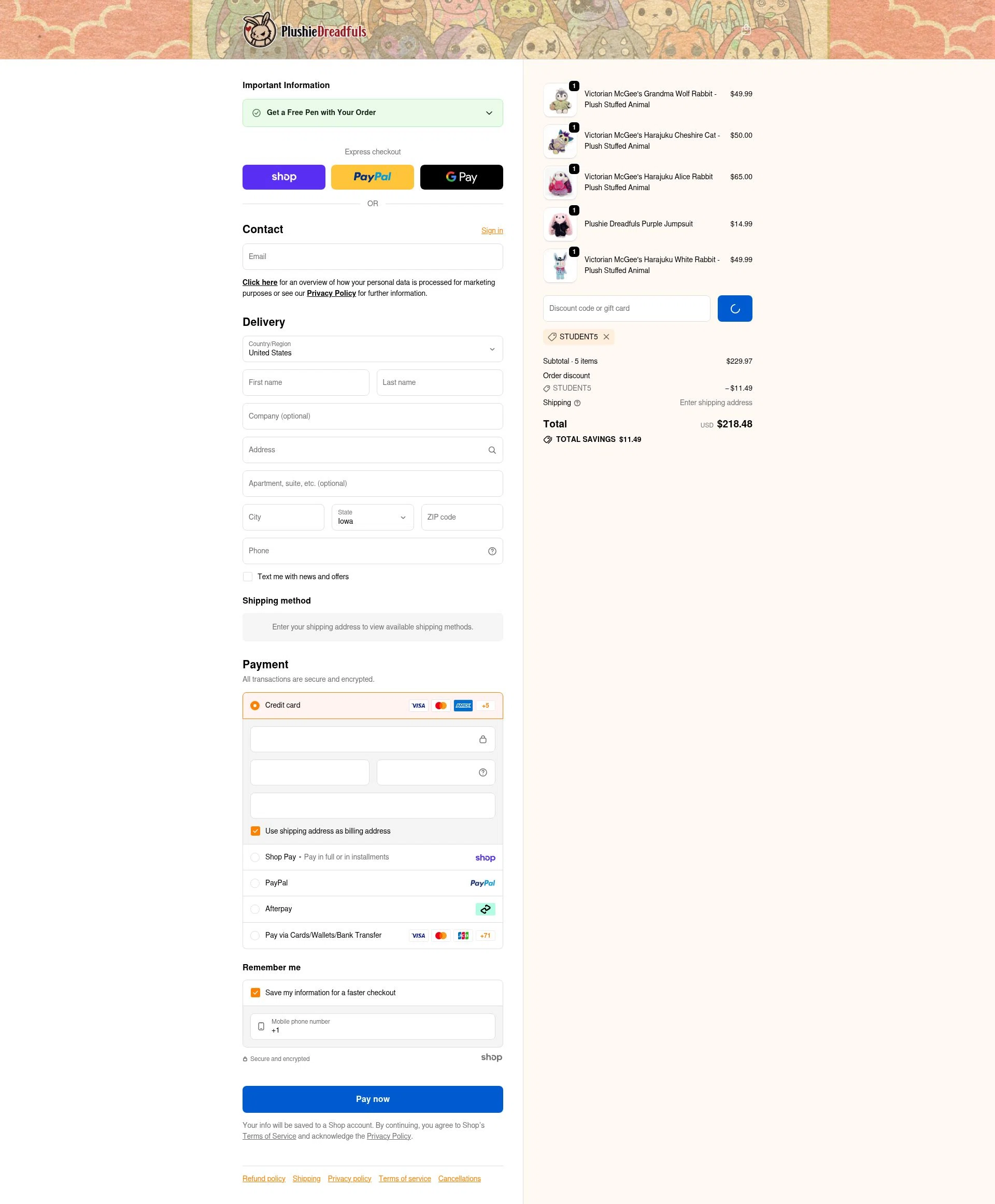 Plushie Dreadfuls Official checkout page showing Plushie Dreadfuls Official promo code box | Screenshot taken by SimplyCodes community member on Jan 30, 2026