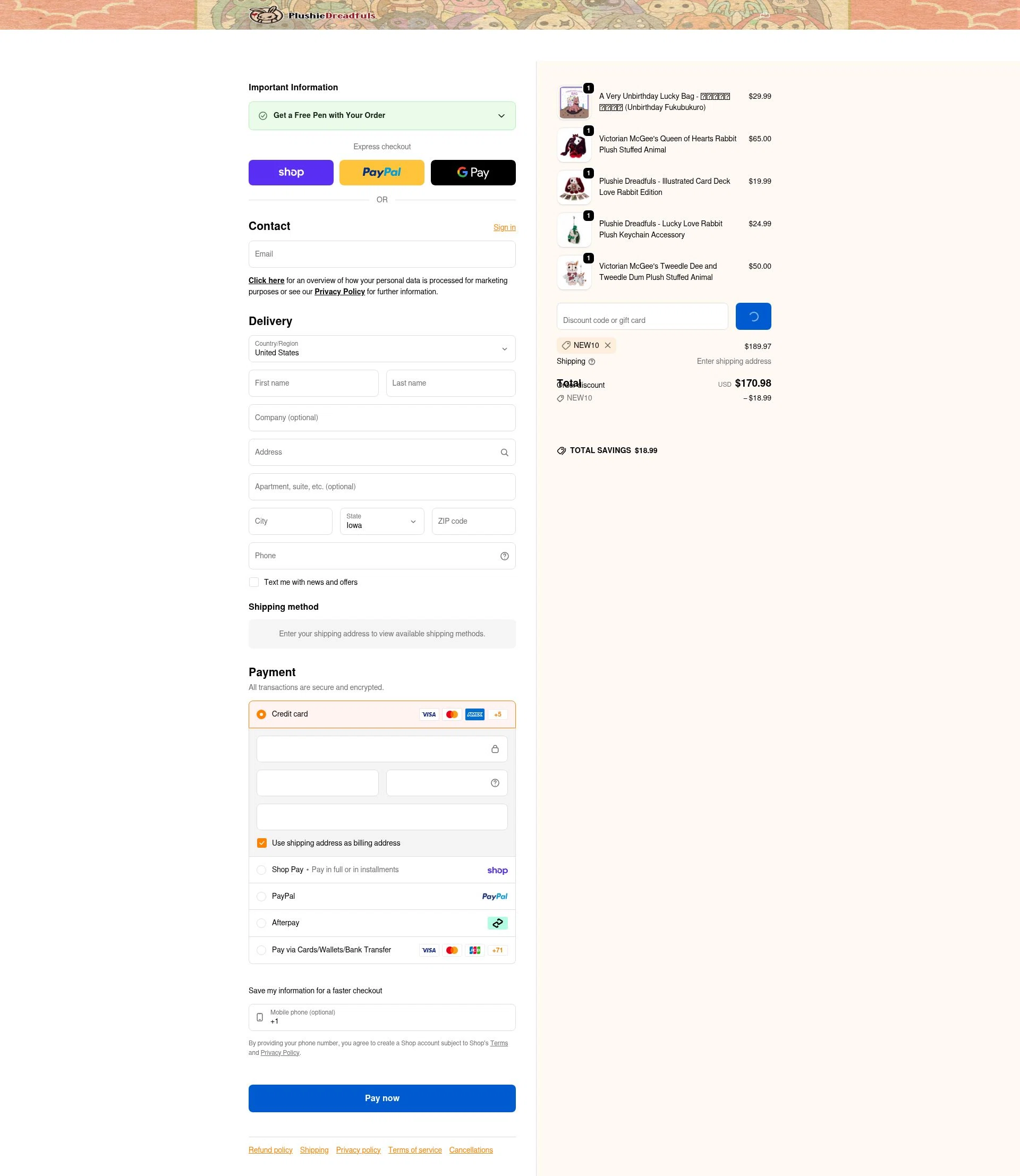 Plushie Dreadfuls Official checkout page showing Plushie Dreadfuls Official promo code box | Screenshot taken by SimplyCodes community member on Feb 3, 2026