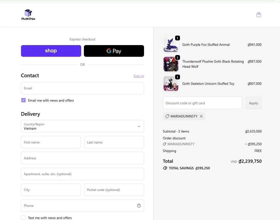 PlushThis promo code screenshot showing code MARIADUNINSTY applied at PlushThis checkout page. Uploaded by SimplyCodes community member Miaaaa on Jun 10, 2026