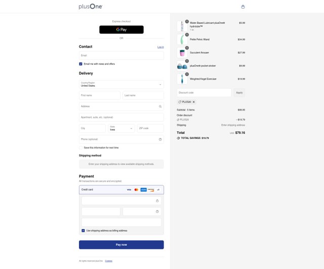 plusOne checkout page showing plusOne coupon code box | Screenshot taken by SimplyCodes community member on Aug 27, 2025