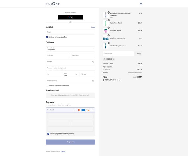 plusOne checkout page showing plusOne coupon code box | Screenshot taken by SimplyCodes community member on Aug 31, 2025