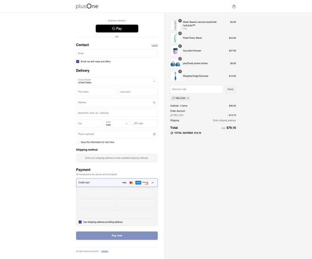 plusOne checkout page showing plusOne coupon code box | Screenshot taken by SimplyCodes community member on Aug 27, 2025