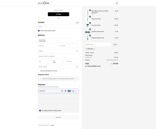 plusOne checkout page showing plusOne coupon code box | Screenshot taken by SimplyCodes community member on Aug 31, 2025