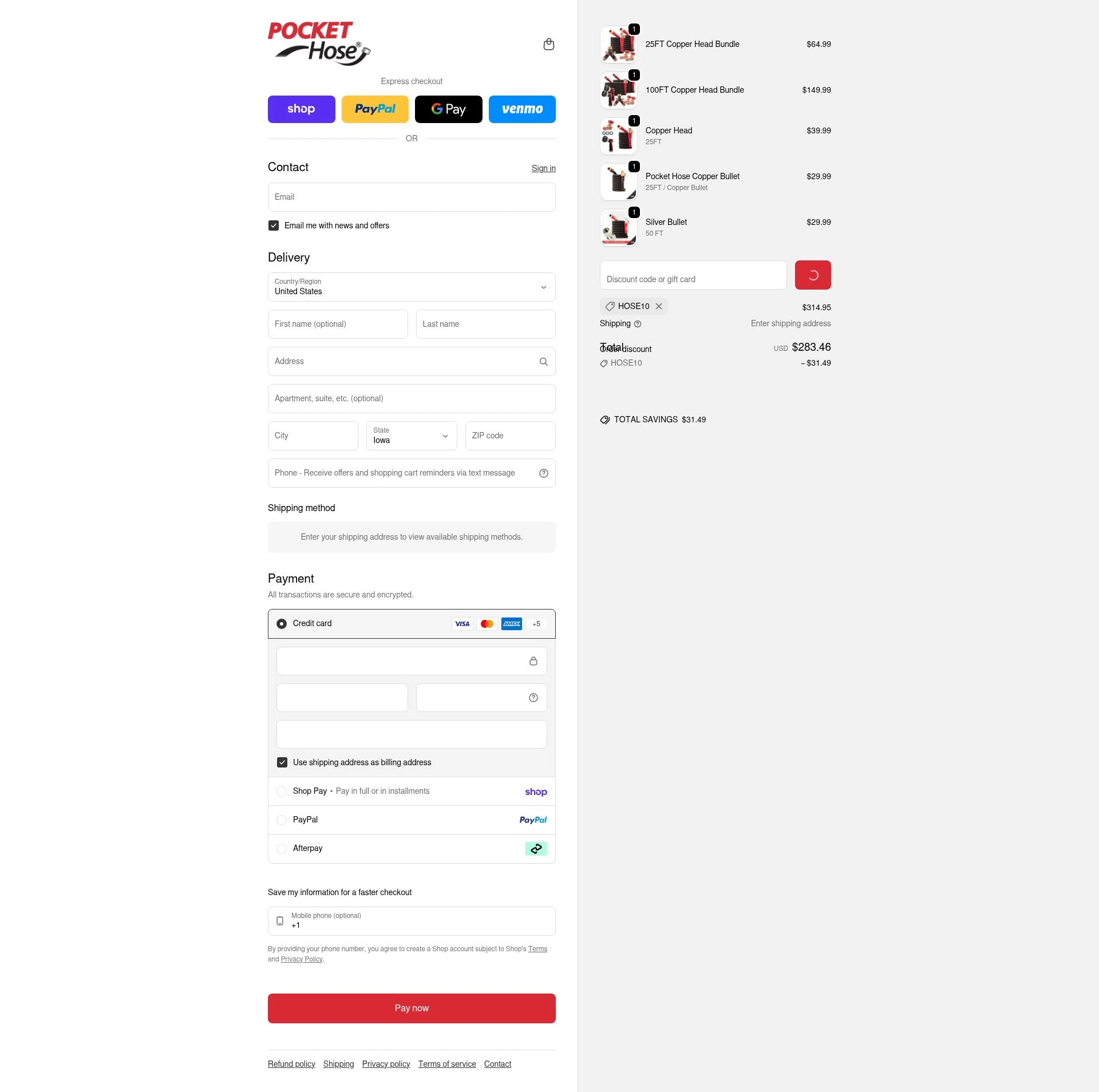 Pocket Hose checkout page showing Pocket Hose discount code box | Screenshot taken by SimplyCodes community member on Feb 2, 2026