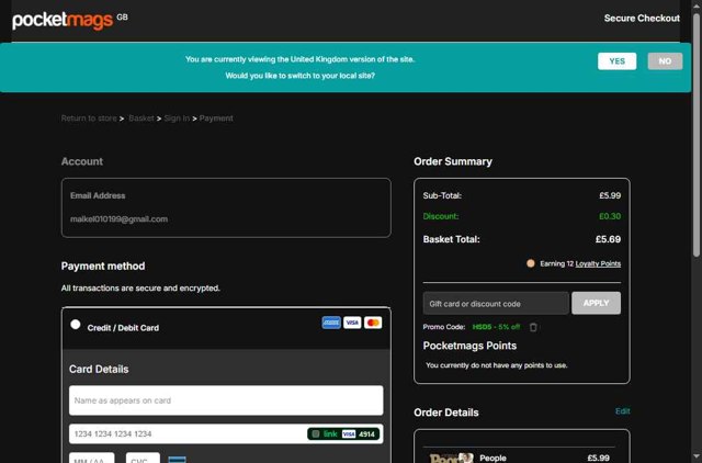 Pocketmags checkout page showing Pocketmags promo code box | Screenshot taken by SimplyCodes community member on Jul 23, 2025