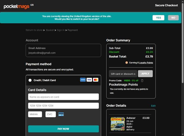 Pocketmags checkout page showing Pocketmags promo code box | Screenshot taken by SimplyCodes community member on Jul 23, 2025
