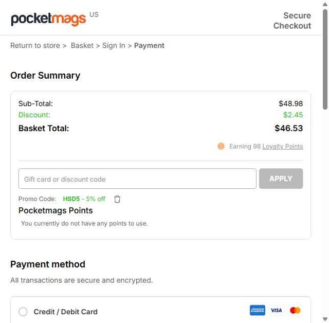 Pocketmags checkout page showing Pocketmags promo code box | Screenshot taken by SimplyCodes community member on Jul 10, 2025