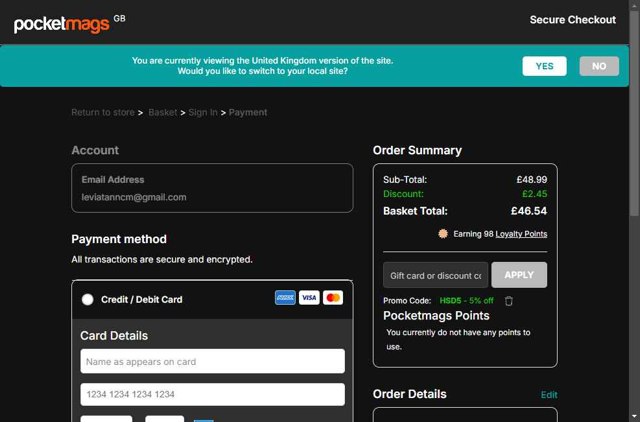 Pocketmags checkout page showing Pocketmags promo code box | Screenshot taken by SimplyCodes community member on Jul 23, 2025