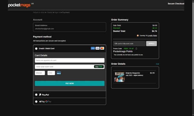 Pocketmags checkout page showing Pocketmags promo code box | Screenshot taken by SimplyCodes community member on Jul 10, 2025