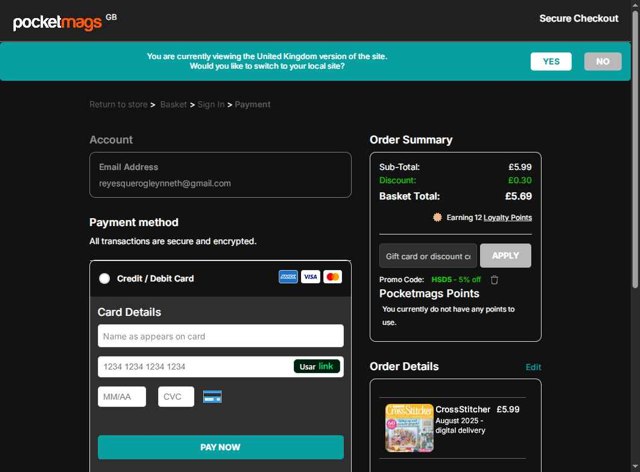 Pocketmags checkout page showing Pocketmags promo code box | Screenshot taken by SimplyCodes community member on Jul 23, 2025