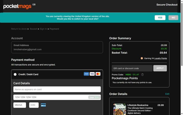 Pocketmags checkout page showing Pocketmags promo code box | Screenshot taken by SimplyCodes community member on Jul 23, 2025