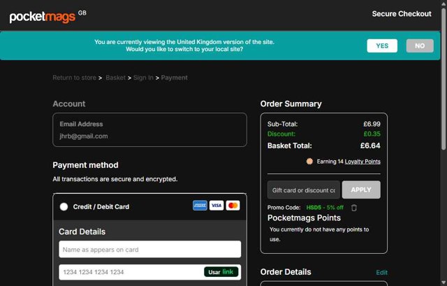 Pocketmags checkout page showing Pocketmags promo code box | Screenshot taken by SimplyCodes community member on Jul 10, 2025