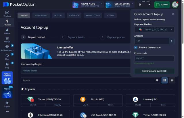 Pocket Option checkout page showing Pocket Option promo code box | Screenshot taken by SimplyCodes community member on Sep 3, 2025