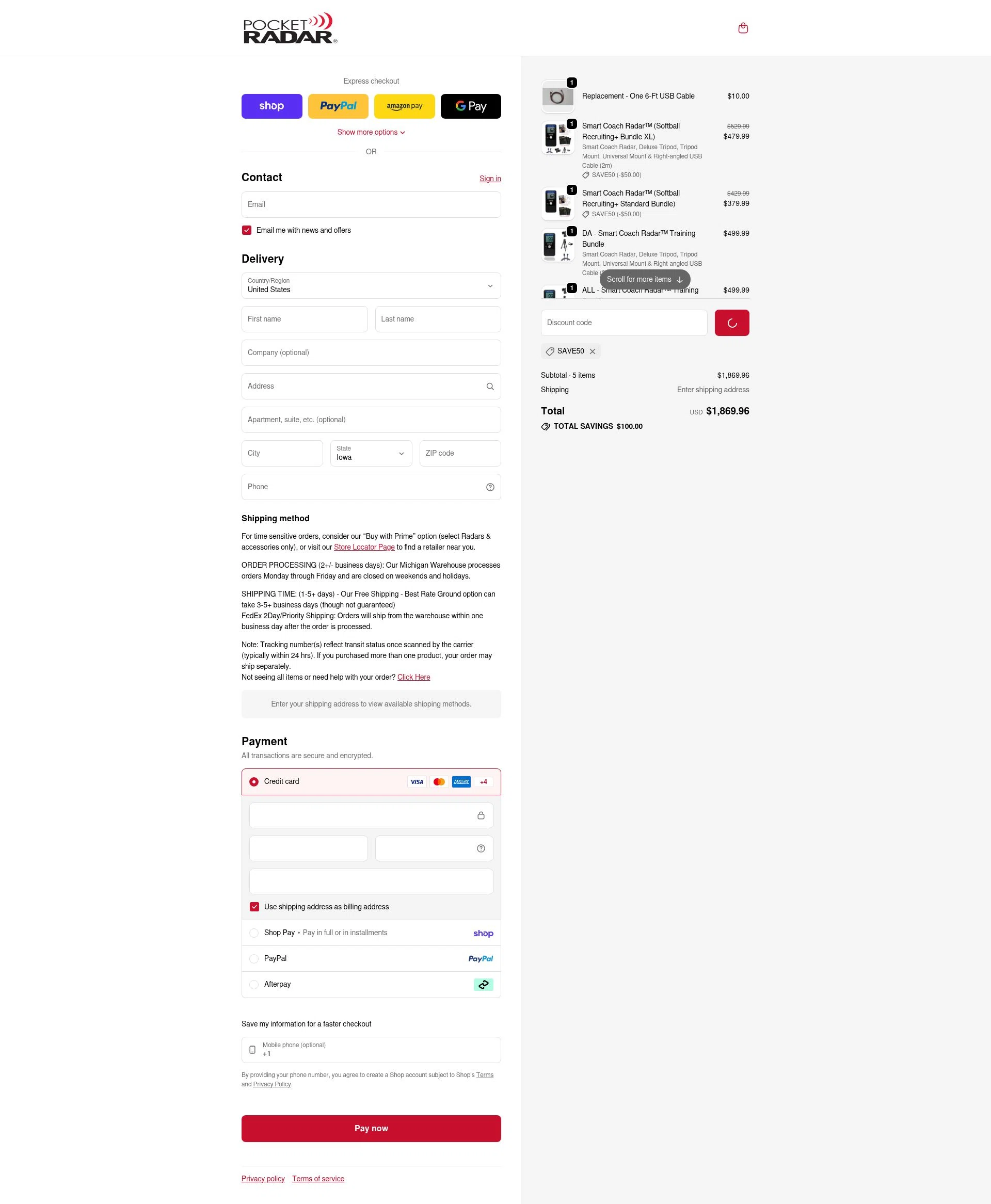Pocket Radar checkout page showing Pocket Radar discount code box | Screenshot taken by SimplyCodes community member on Feb 13, 2026