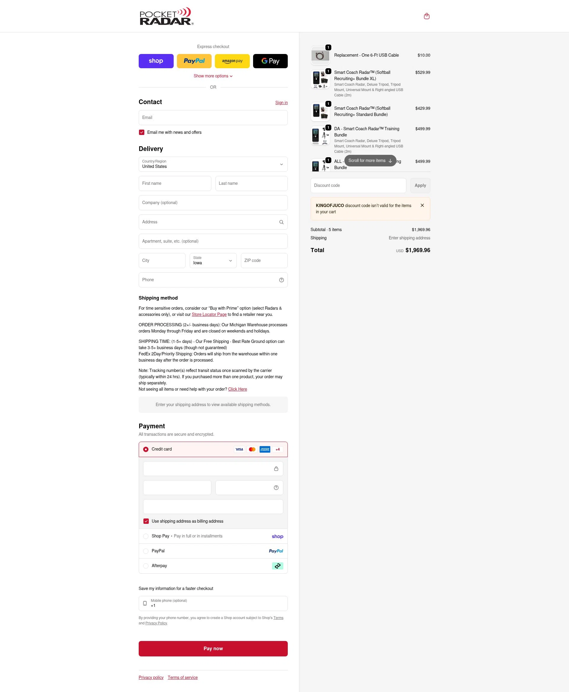 Pocket Radar checkout page showing Pocket Radar discount code box | Screenshot taken by SimplyCodes community member on Feb 8, 2026