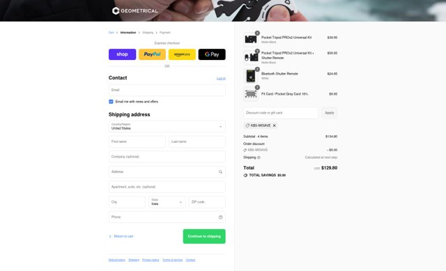 Pocket Tripod checkout page showing Pocket Tripod discount code box | Screenshot taken by SimplyCodes community member on Sep 2, 2025