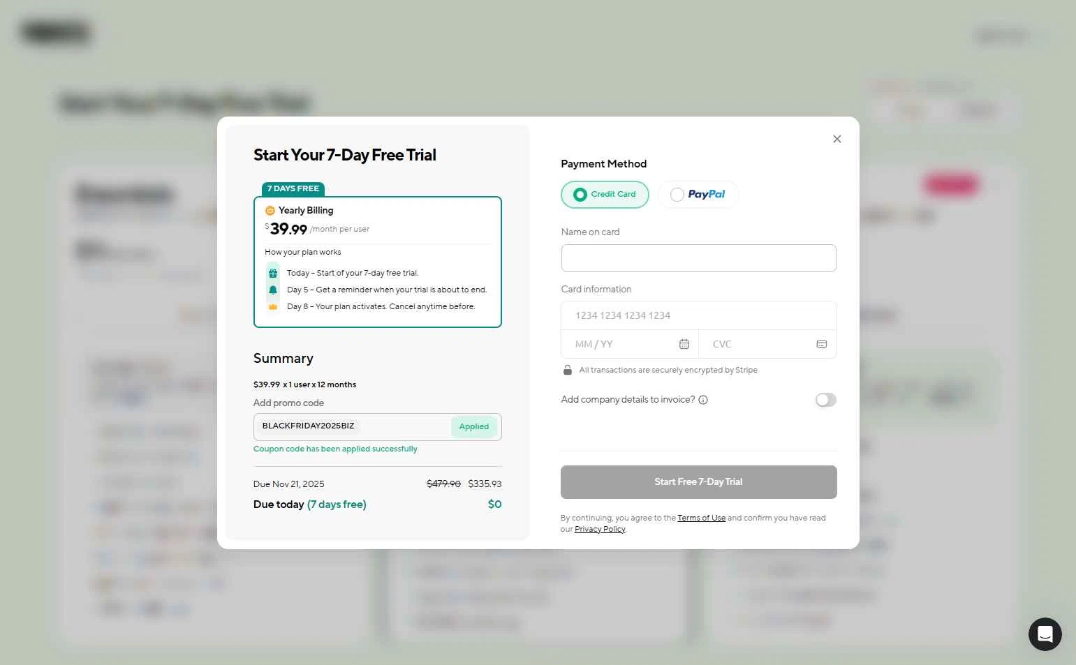 Podcastle Inc. checkout page showing Podcastle Inc. promo code box | Screenshot taken by SimplyCodes community member on Nov 14, 2025