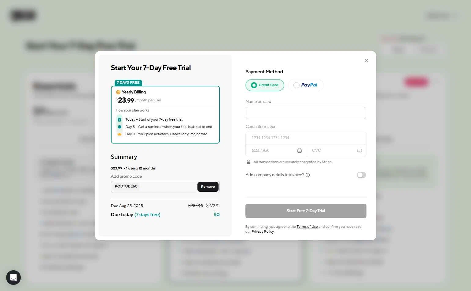 Podcastle Inc. checkout page showing Podcastle Inc. promo code box | Screenshot taken by SimplyCodes community member on Aug 18, 2025