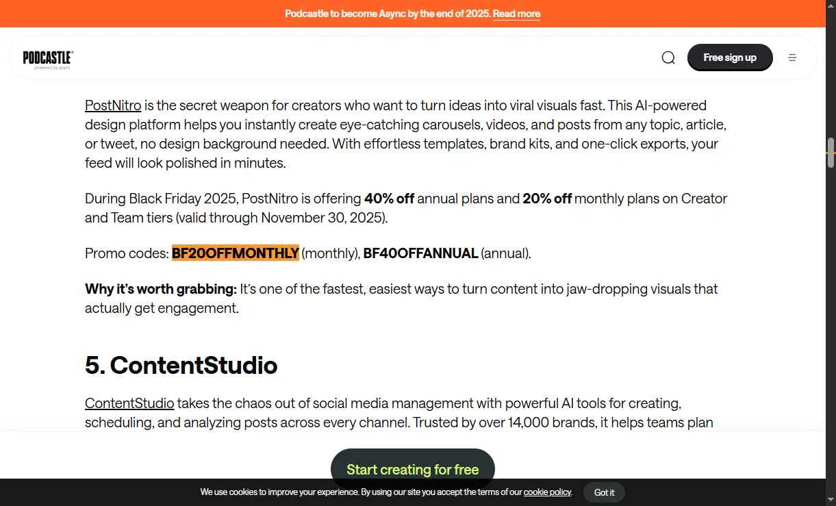 Podcastle Inc. checkout page showing Podcastle Inc. promo code box | Screenshot taken by SimplyCodes community member on Nov 20, 2025