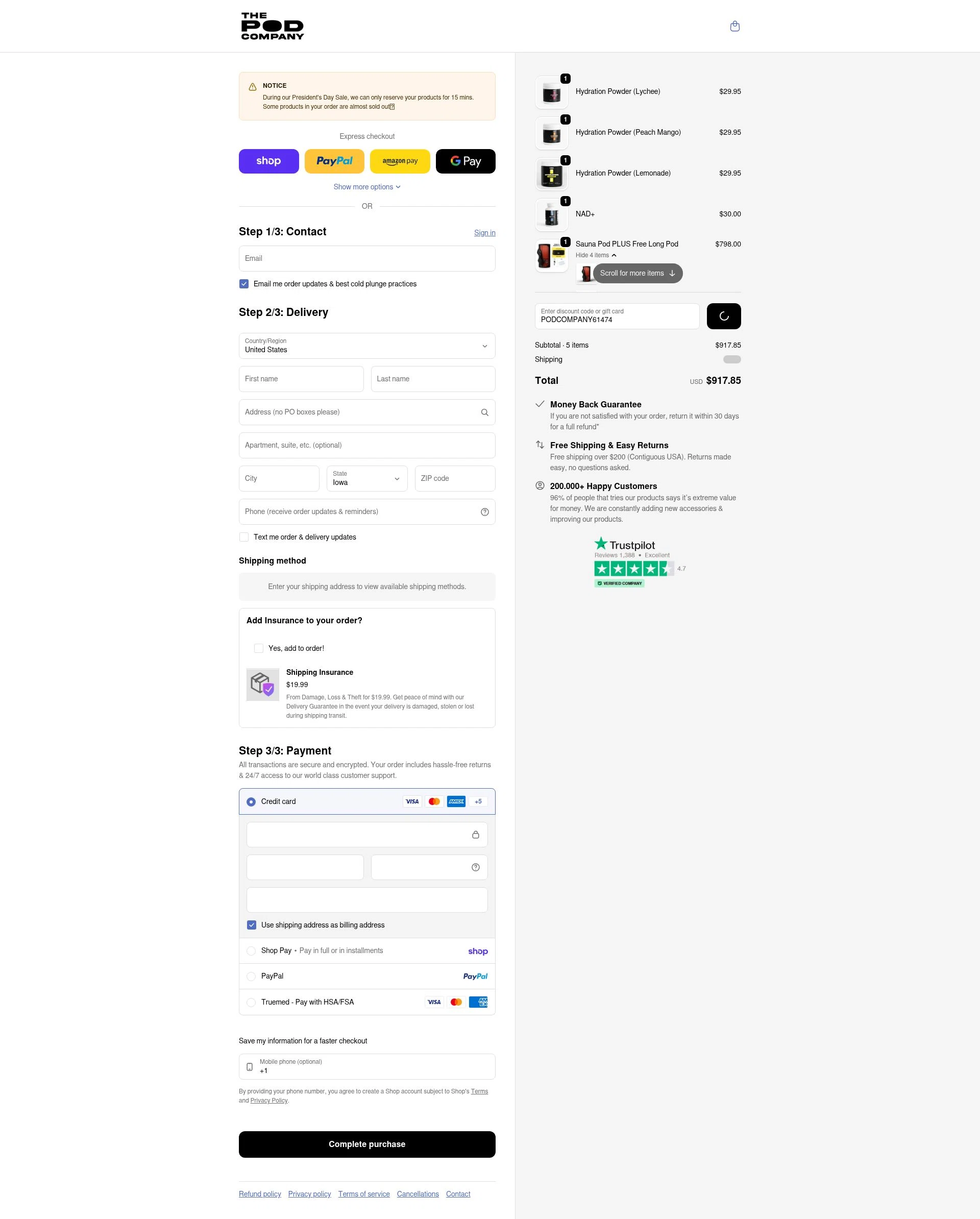 The Pod Company checkout page showing The Pod Company discount code box | Screenshot taken by SimplyCodes community member on Feb 5, 2026