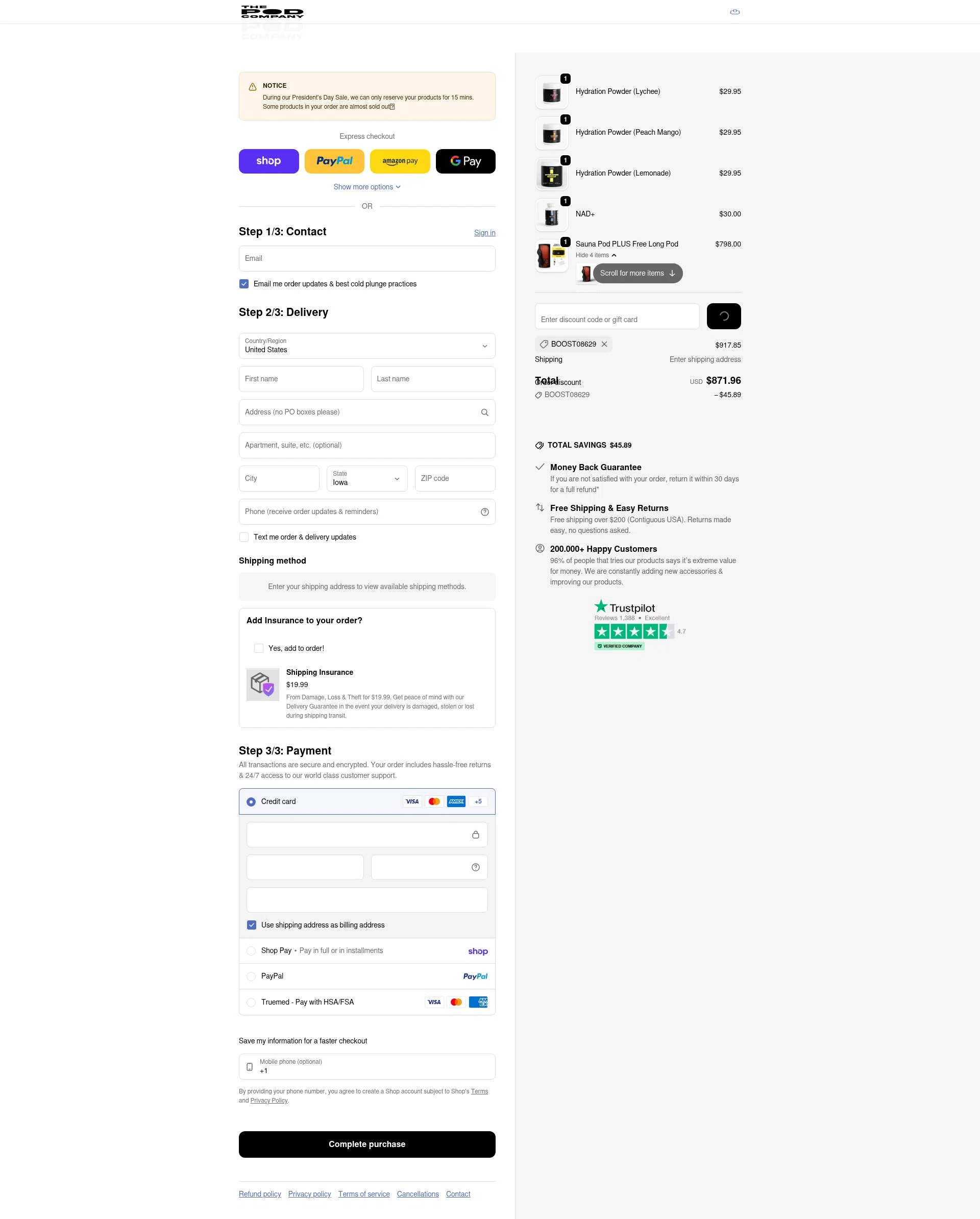 The Pod Company checkout page showing The Pod Company discount code box | Screenshot taken by SimplyCodes community member on Feb 5, 2026