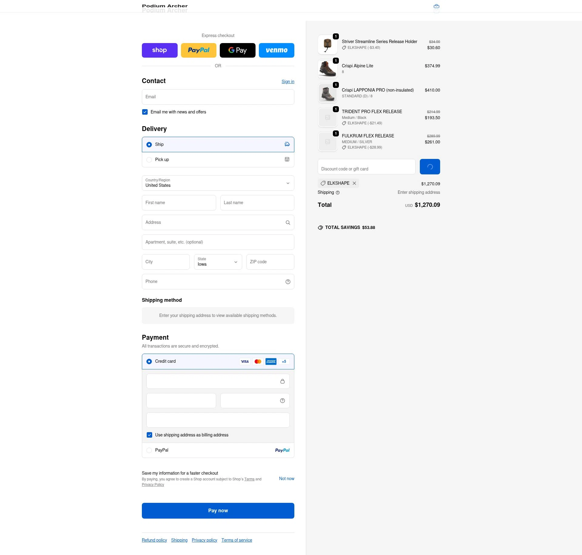 Podium Archer checkout page showing Podium Archer discount code box | Screenshot taken by SimplyCodes community member on Feb 14, 2026