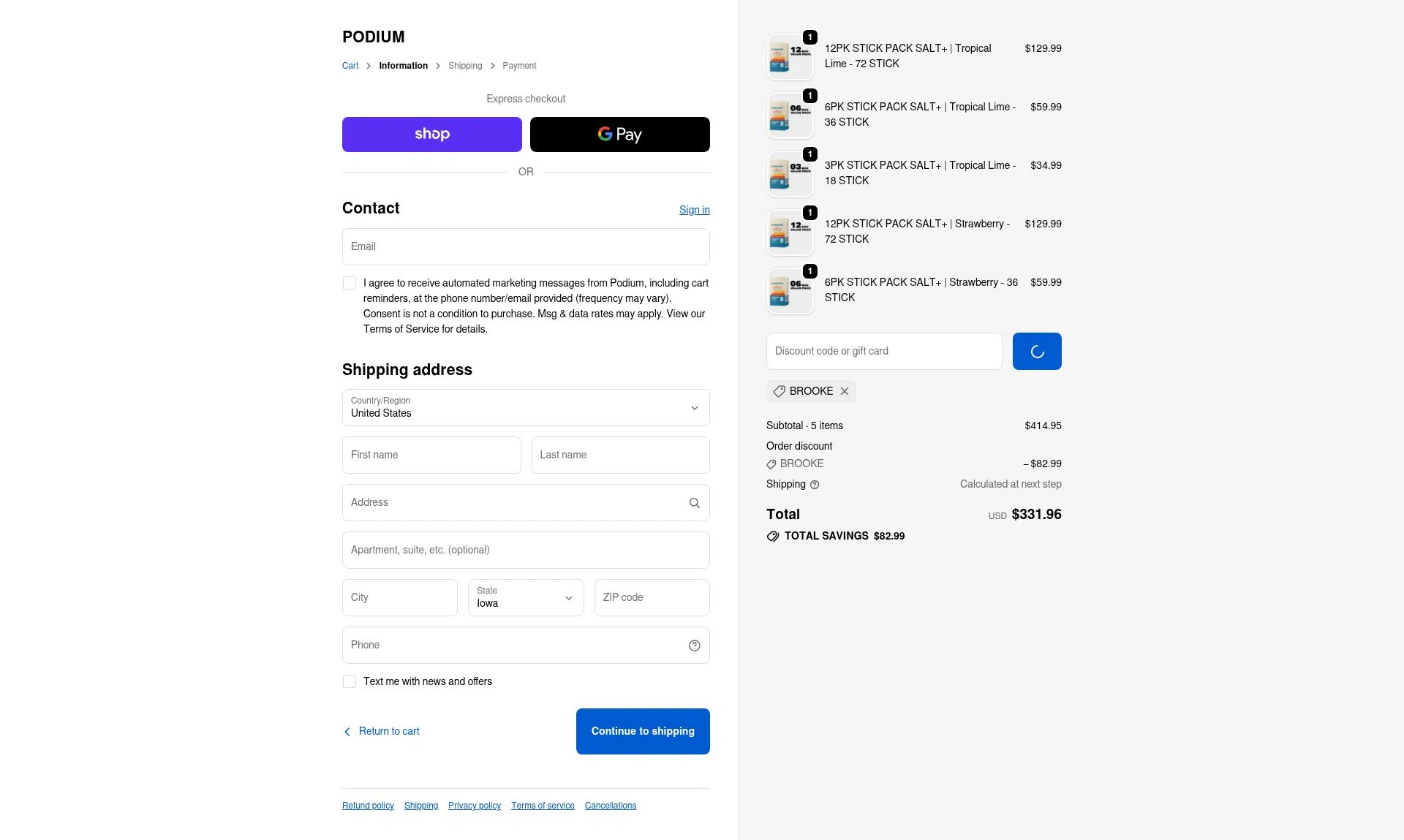 Podium Nutrition checkout page showing Podium Nutrition discount code box | Screenshot taken by SimplyCodes community member on Feb 10, 2026